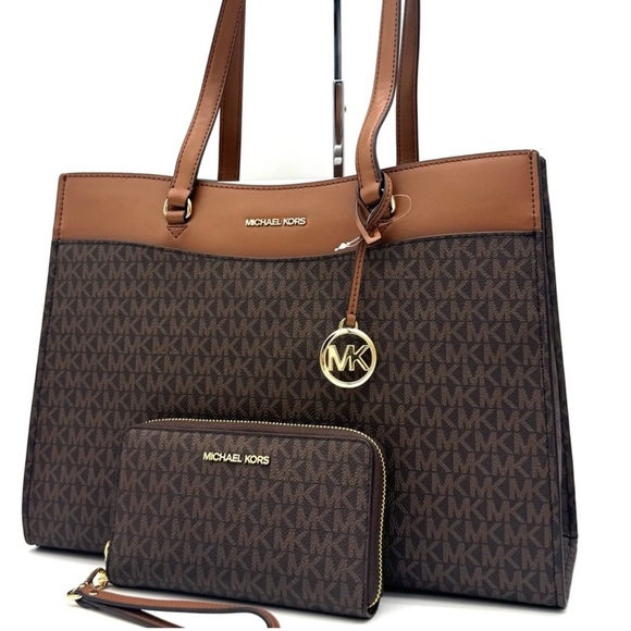 Michael Kors Jet Set Large Signature Logo Tote Bag & Flat Phone Case Wallet Set - Picture 1 of 15